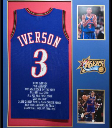 Framed Allen Iverson Philadelphia 76ers Pro Style Custom Blue Stat Jersey BAS Authenticated