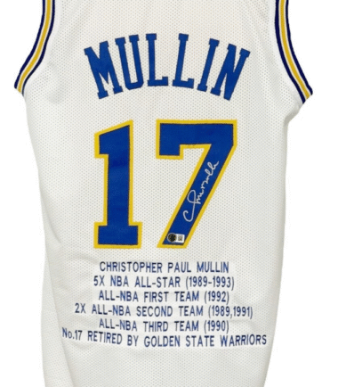Golden State Warriors Chris Mullin Signed Pro Style White Stat Jersey BAS Authenticated