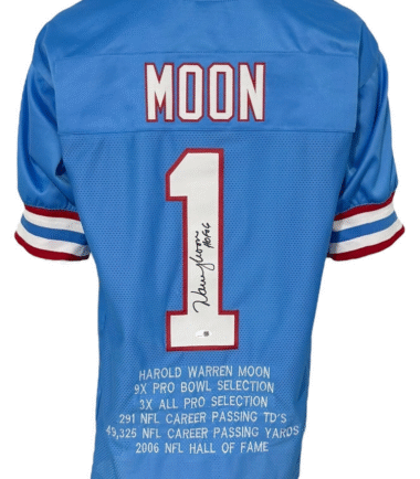 Houston Oilers Warren Moon Autographed Pro Style Blue Stat Jersey JSA Authenticated