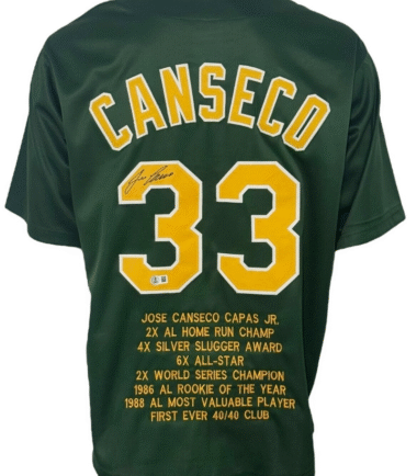 Oakland A's Jose Canseco Autographed Pro Style Green Stat Jersey BAS Authenticated