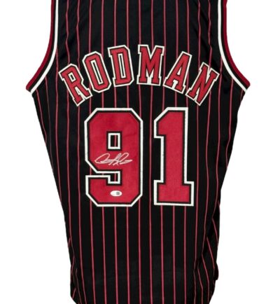 Chicago Bulls Dennis Rodman Autographed Pro Style Black Pinstripe Jersey JSA Authenticated