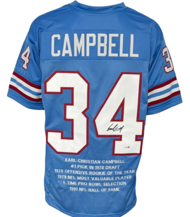 Houston Oilers Earl Campbell Autographed Pro Style Blue Stat Jersey JSA Authenticated