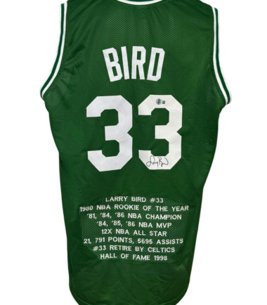 Boston Celtics Larry Bird Signed Pro Style Green Stat Jersey BAS Authenticated