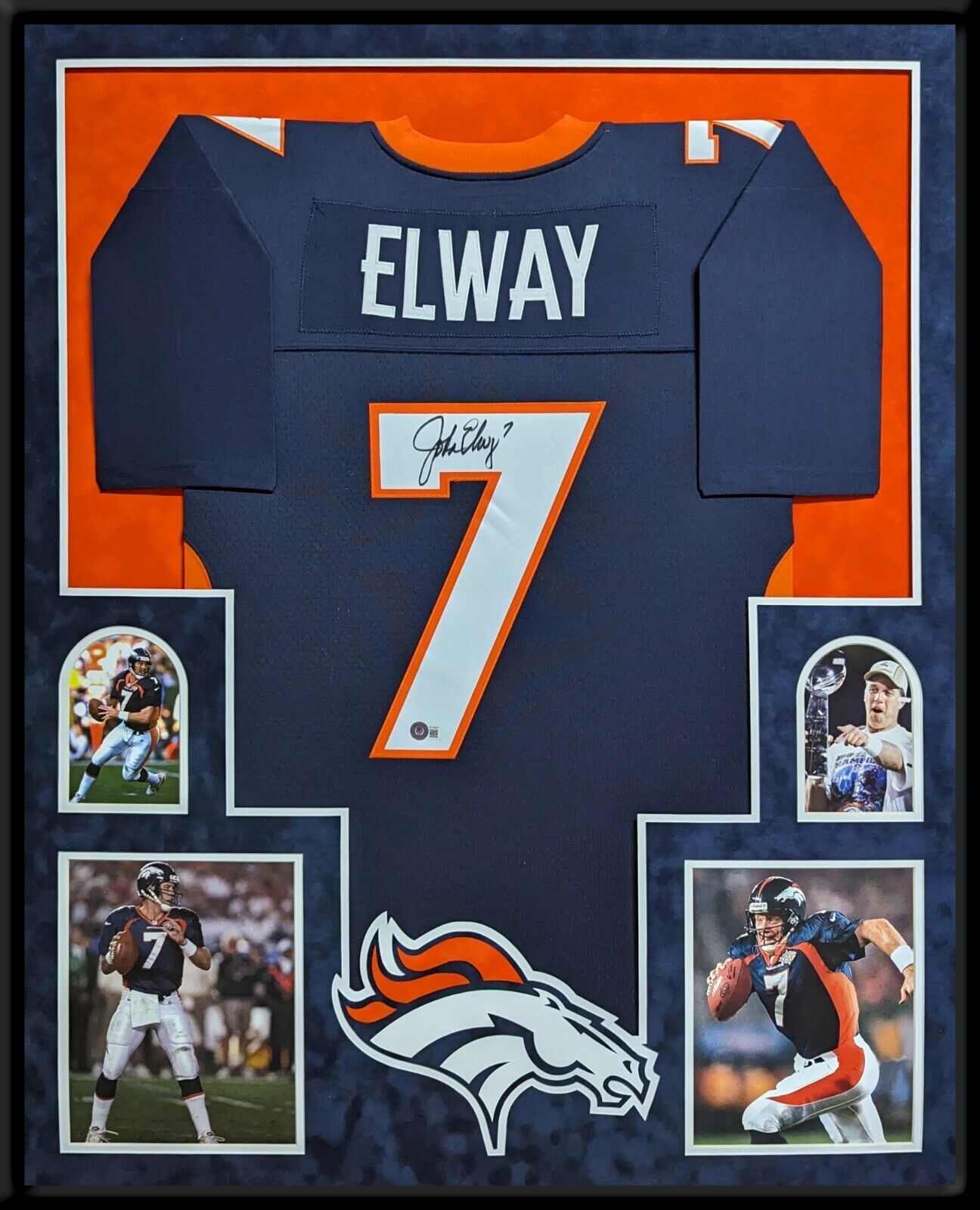 FRAMED IN SUEDE DENVER BRONCOS JOHN ELWAY AUTOGRAPHED SIGNED JERSEY