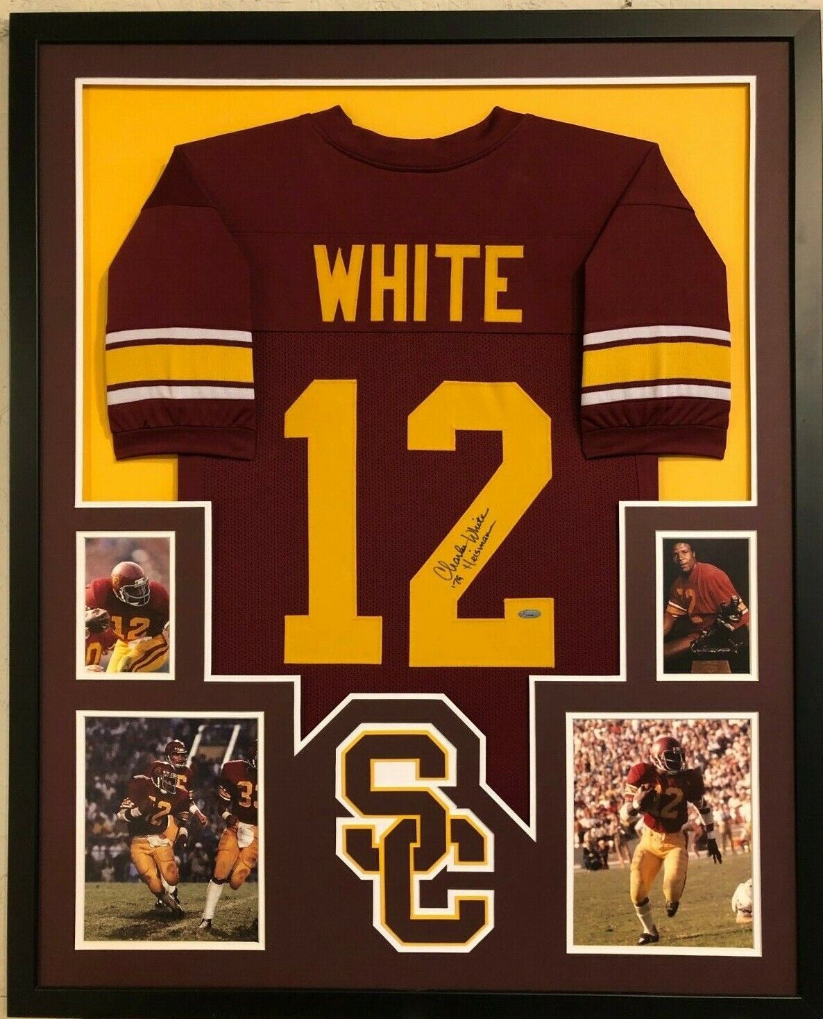 FRAMED USC TROJANS CHARLES WHITE AUTOGRAPHED SIGNED INSCRIBE JERSEY