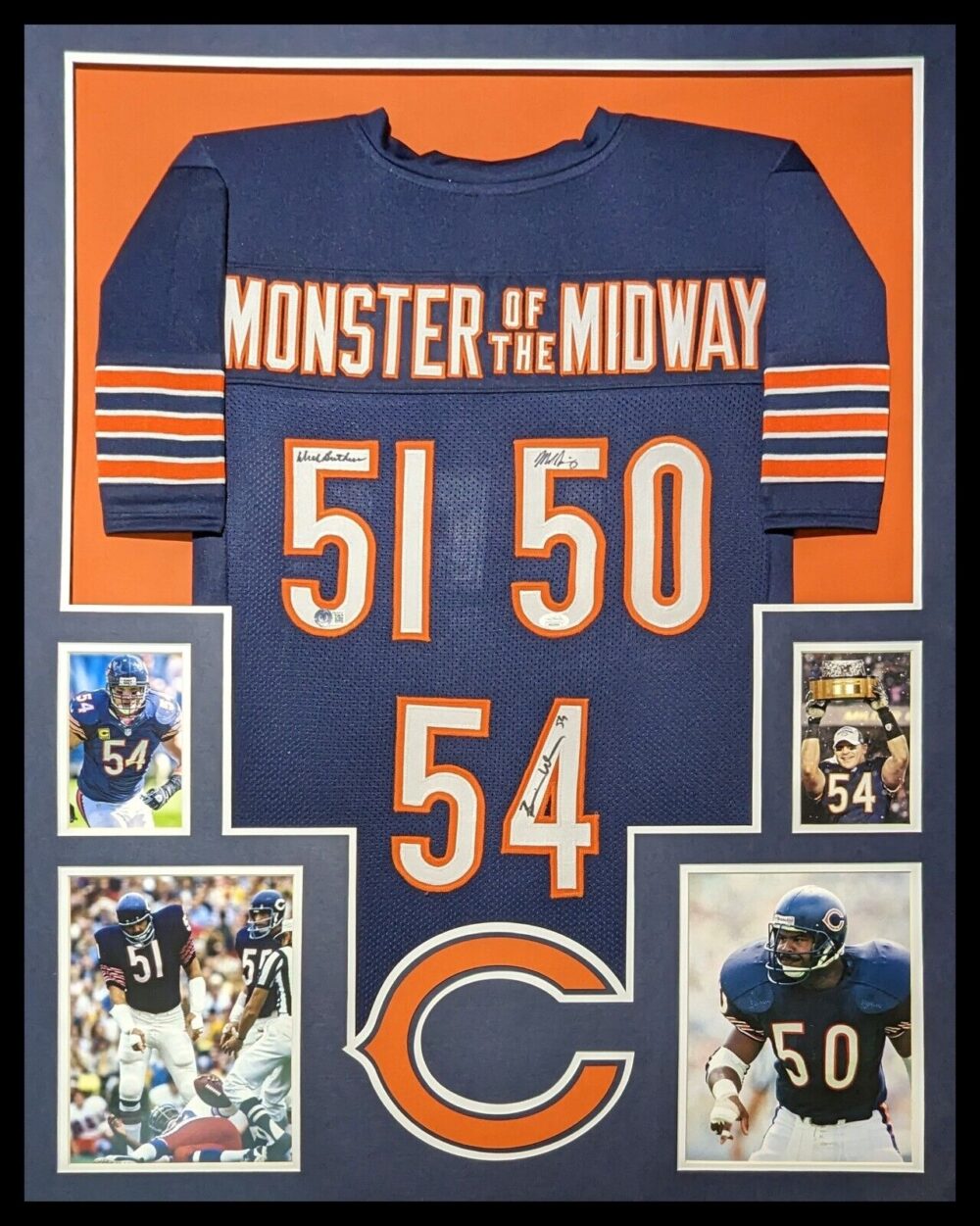 FRAMED CHICAGO BEARS 3X SIGNED SINGLETARY URLACHER BUTKUS JERSEY DUAL