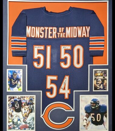 FRAMED CHICAGO BEARS 3X SIGNED SINGLETARY URLACHER BUTKUS JERSEY DUAL COA