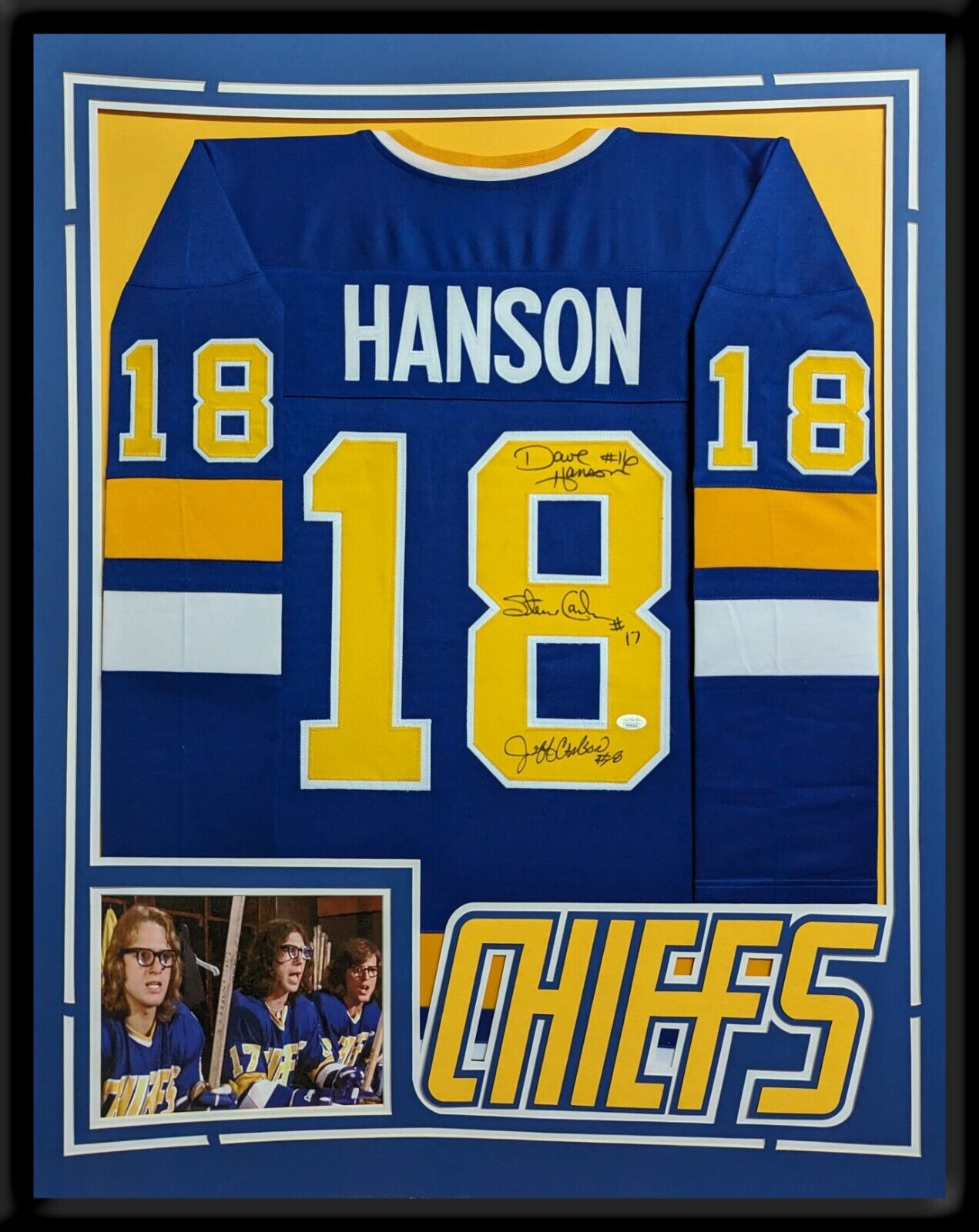 FRAMED HANSON BROTHERS AUTOGRAPHED SLAPSHOT CHARLESTOWN CHIEFS JERSEY JSA COA - Tennzone Sports 