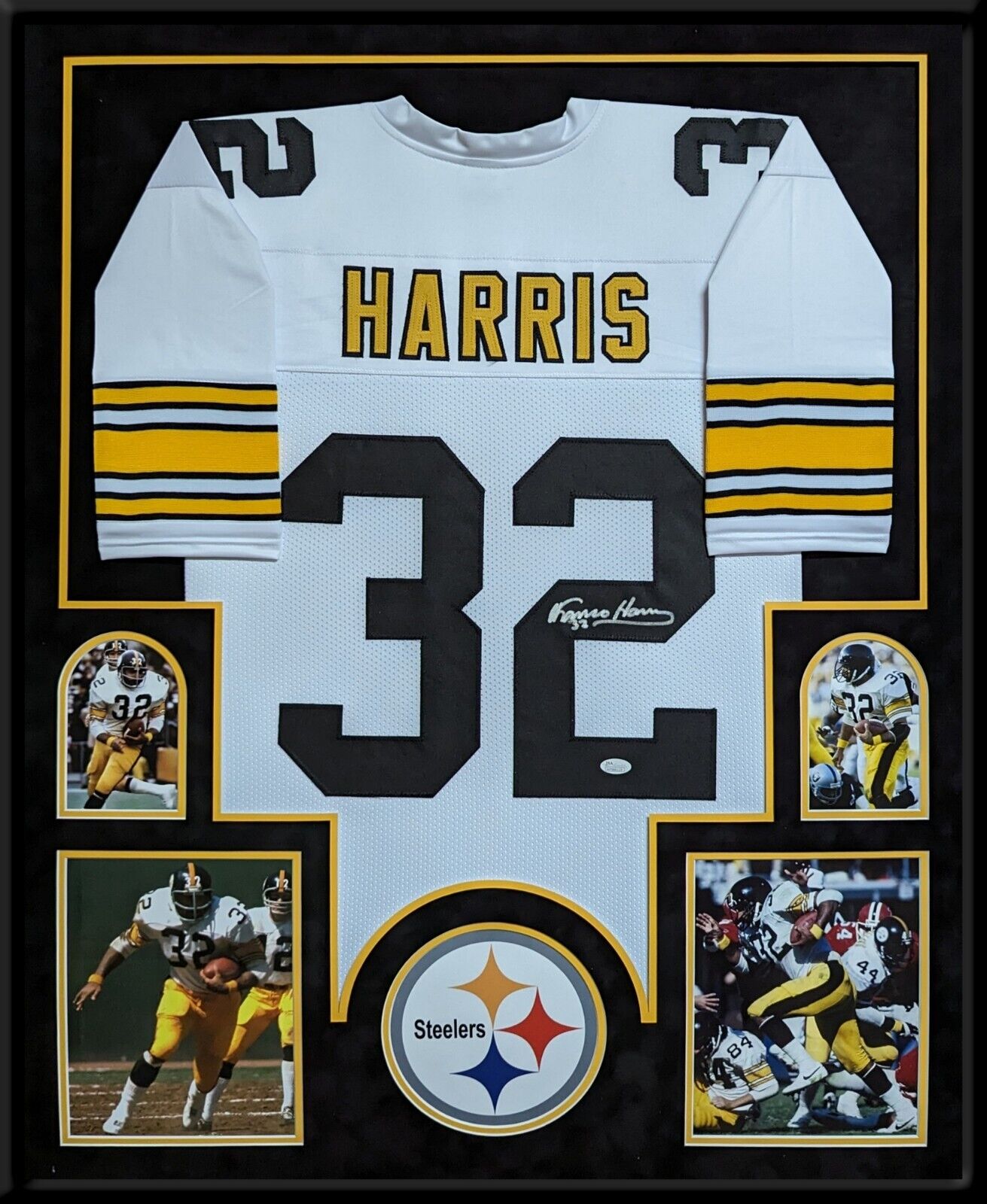 FRAMED-IN-SUEDE-PITTSBURGH-STEELERS-FRANCO-HARRIS-AUTOGRAPHED-JERSEY-JSA-COA-166452187344