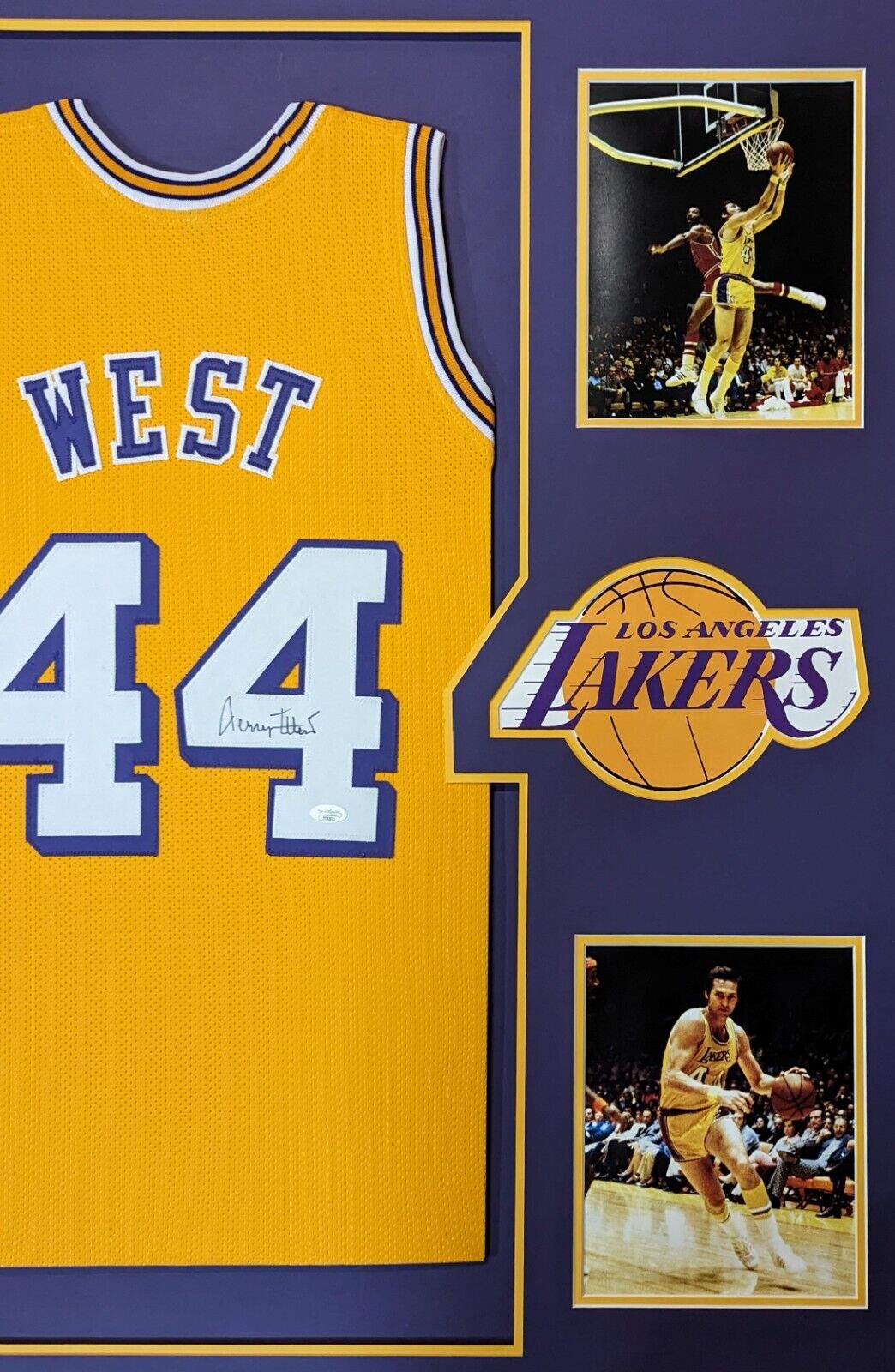 FRAMED L.A. LAKERS JERRY WEST AUTOGRAPHED SIGNED JERSEY JSA COA