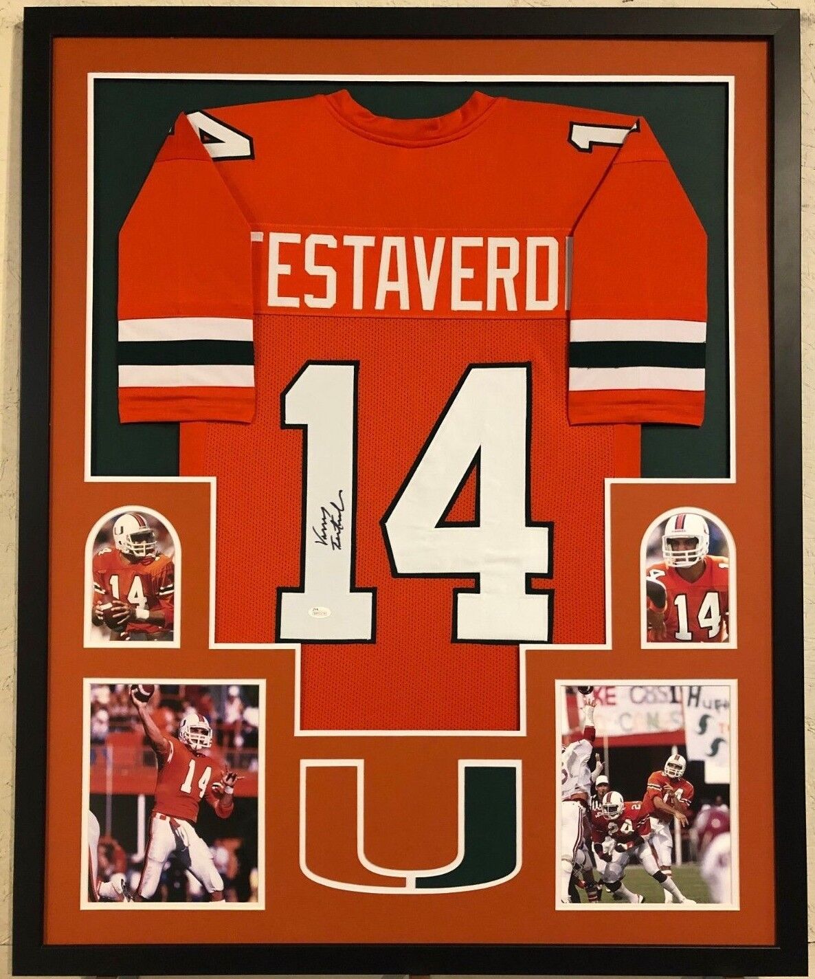 FRAMED-MIAMI-HURRICANES-VINNY-TESTAVERDE-AUTOGRAPHED-SIGNED-JERSEY-JSA-COA-163414828967